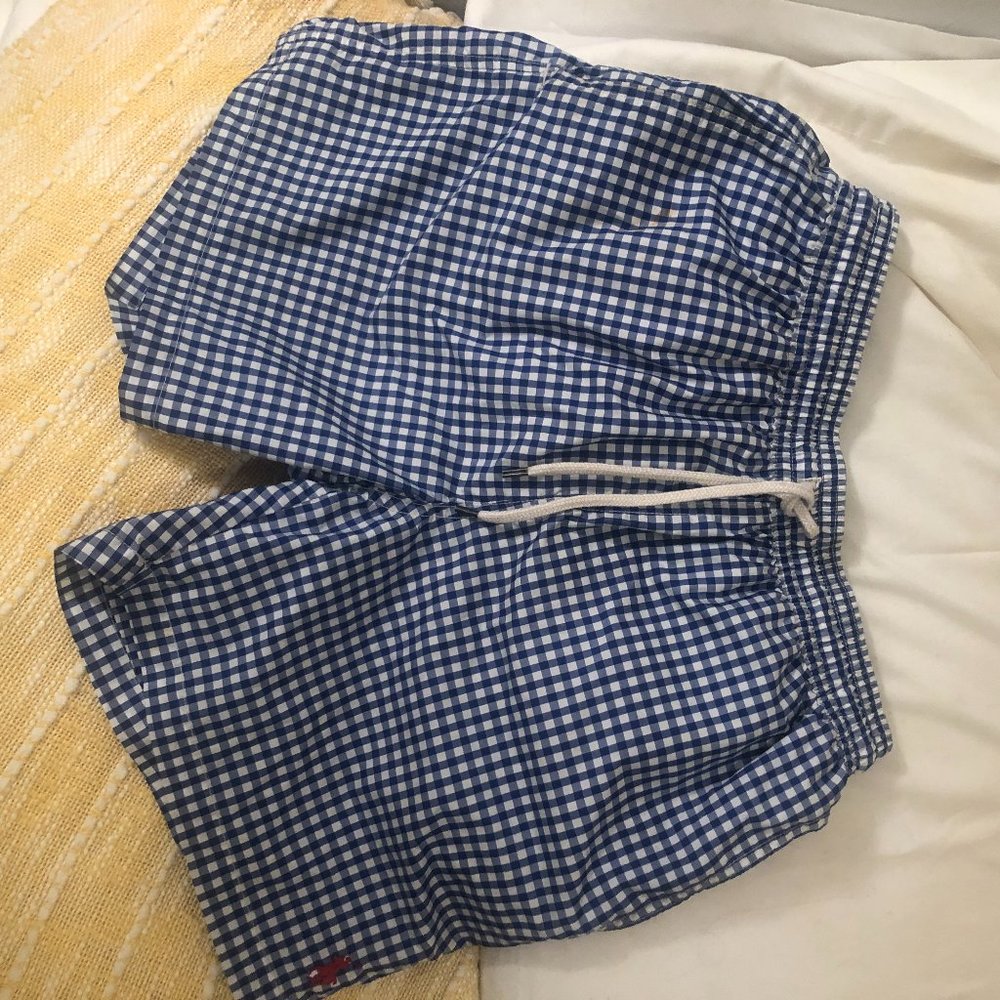 Small blue and white checkered Ralph Lauren Polo mens swimwear